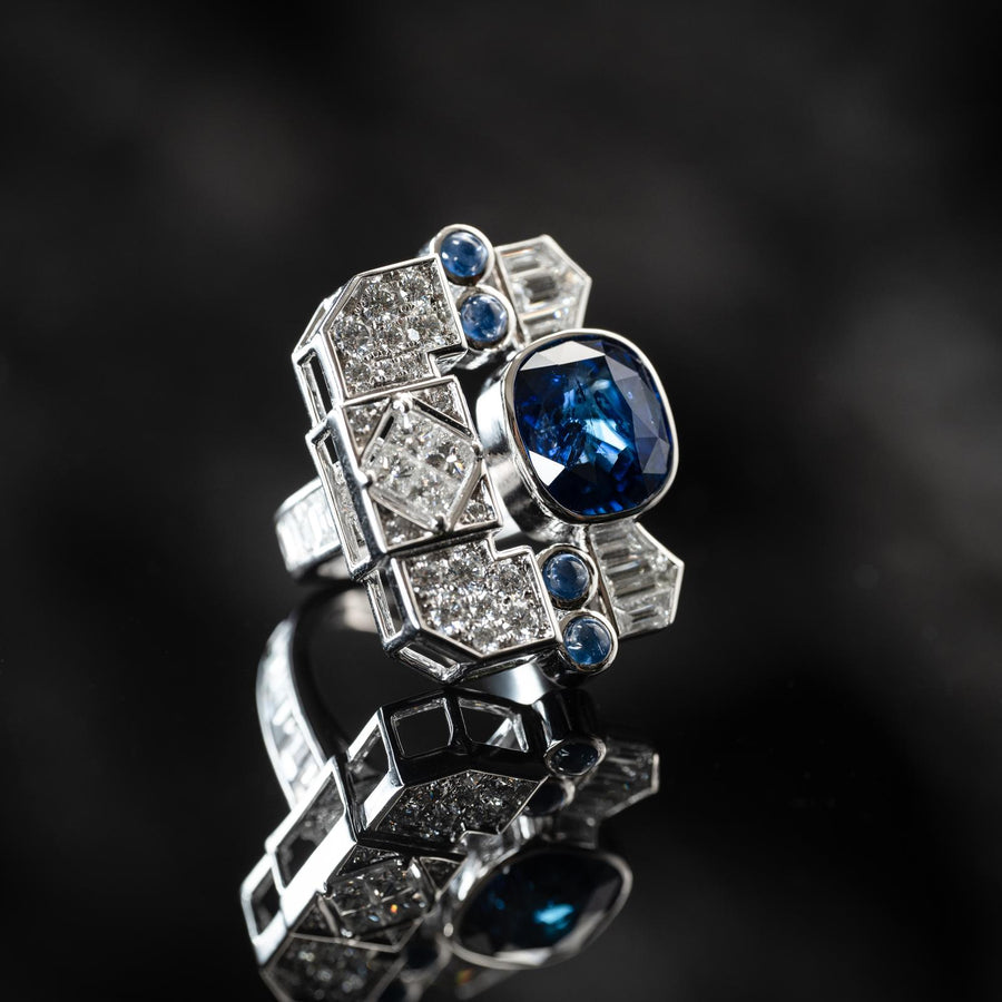 Art Deco Sri Lanka Blue Sapphire and Diamond Ring  裝飾藝術風格斯里蘭卡藍寶石戒指